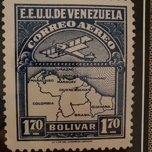 Gold Framed Venezuela C7 Airplane and Map of Venezuela 1930 Large Postage Stamp